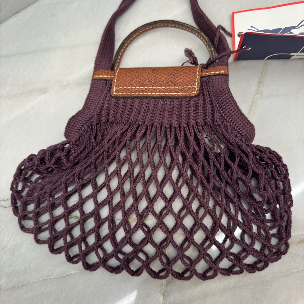 Longchamp Burgundy Crochet Net Crossbody Bag with Brown Leather Trim MINI - Picture 2 of 7